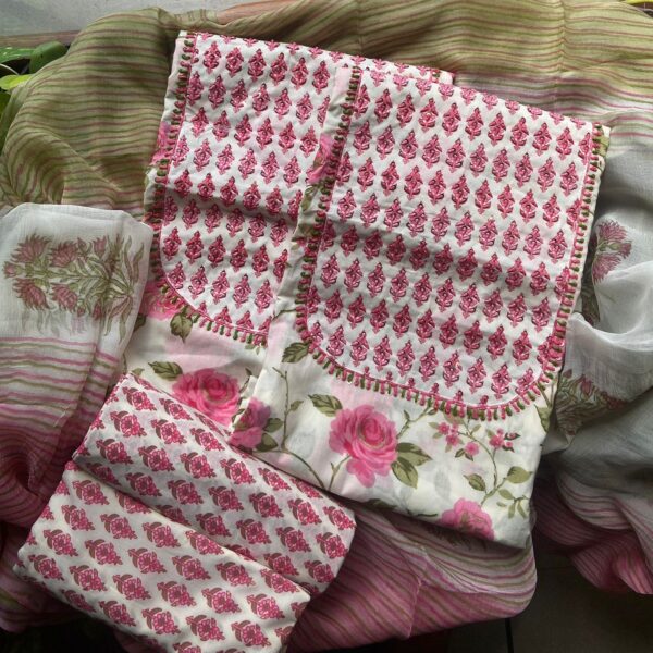 Are you looking out for Beautiful & Unique Designer Cottons to add to your wardrobe ? These Hand block printed Kutch worked cottons are the perfect choice! Pure cotton top with authentic Kutch work (does not need lining ) cotton printed bottom & hand block printed chiffon duppattas