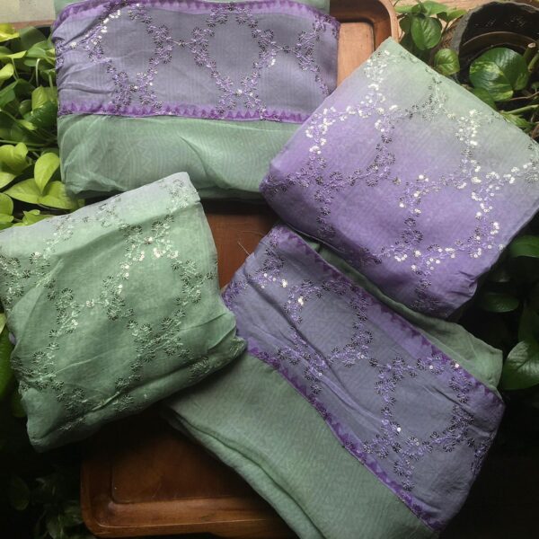 Are you looking out for Beautiful & Unique Designer Suits to add to your wardrobe ? This beautiful Ombre dyed organza suit with intricate embroidery is the perfect choice! Pure organza top & Duppatta with intricate embroidery & ombré dyeing & cotton bottom