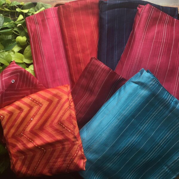 Are you looking out for Beautiful Maheshwari Silk Suits to add to your wardrobe ? These beautiful Shibori Maheshwari Suits are the perfect choice ! Pure maheshwari silk top with Kanta running stitches , santoon bottom & stunning maheshwari silk Duppatta with authentic Bandhej , mirror work, Kanta work & Bavanchi borders