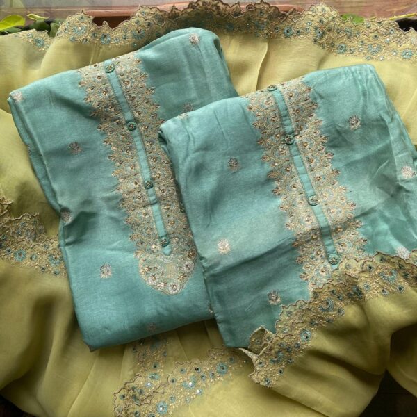 Presenting Beautiful Pure Uppada silk cotton top with hand embroidery & Benarasi weaving , santoon bottom & pure organza Duppatta with floral embroidered borders & Mughal jaal scalloped borders