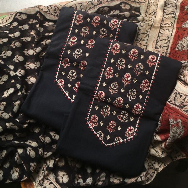 Are you looking out for Beautiful & Unique Designer Cottons to add to your wardrobe ? These Hand block printed Kutch worked cottons are the perfect choice! Pure cotton top with authentic Kutch work (does not need lining ) cotton printed bottom & hand block printed chiffon duppattas