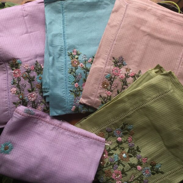 Are you looking out for Beautiful Handworked Kotas to add to your wardrobe ? Pure Kota silk top & Duppatta with intricate hand embroidery detailing all along & cotton bottom