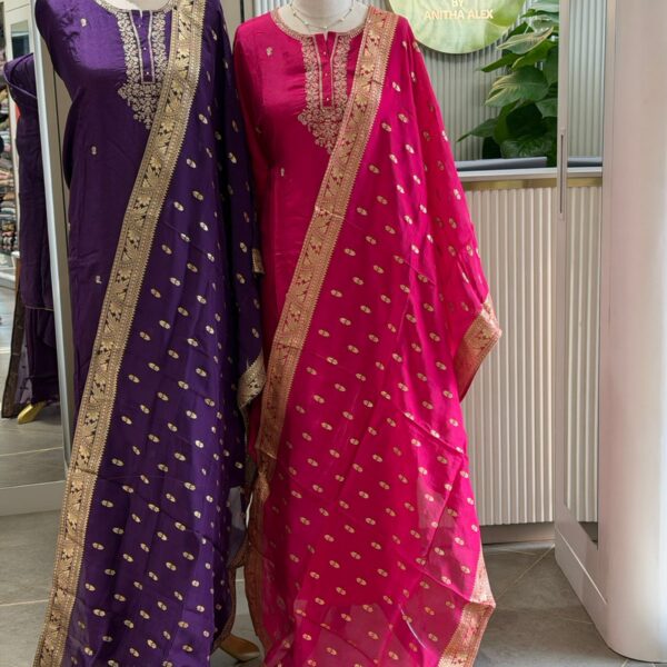 Are you looking out for Beautiful Silk Suits to add to your wardrobe ? Pure Uppada silk top with antique Gold Zari embroidery & Uppada silk Duppatta with intricate bebaradi weaving & santoon bottom