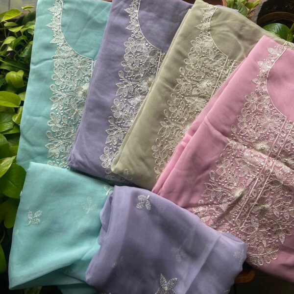 Beautiful Georgette top & Duppatta with intricate embroidery reminiscent of Chikankari embroidery & cotton silk bottom !!! Limited pieces available!!!Hurry & order these before we run out of them! Perfect choice for gifting your dear ones this festive season at a very affordable rate