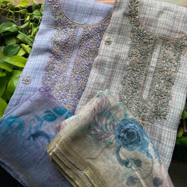 Are you looking out for Beautiful & Unique Designer Linens to add to your wardrobe ? These floral linens are the perfect picks! Linen top with subtle check block prints , hand embroidery, santoon bottom & linen silk floral Duppatta