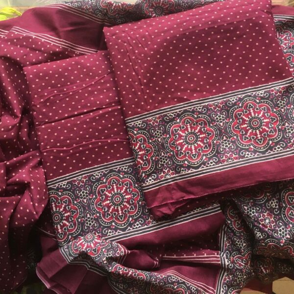 Are you looking out for Beautiful & Unique Designer wear suits in Silks to add to your wardrobe ? These Muslin Ajrak silk suits are the perfect choice!Pure Muslin Silk top & Duppatta with stunning Ajrakh prints & cotton bottom