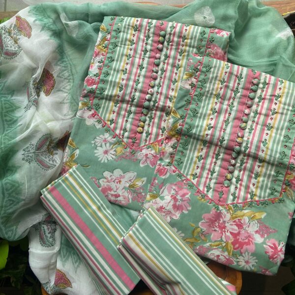 Are you looking out for Beautiful & Unique Designer Cottons to add to your wardrobe ? These Hand block printed Kutch worked cottons are the perfect choice! Pure cotton top with authentic Kutch work (does not need lining ) cotton printed bottom & hand block printed chiffon duppattas