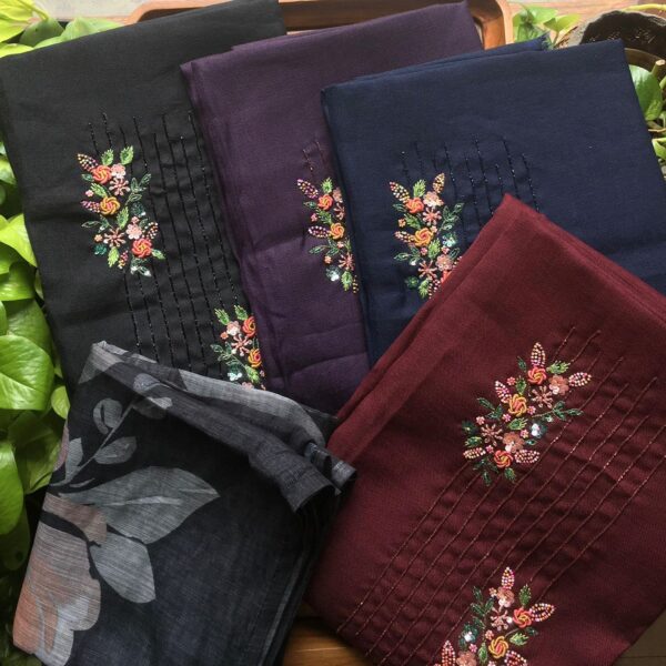 Are you looking out for Beautiful & Unique Handworked Suits to add to your wardrobe ? These Linen cotton suits are the perfect choice! Linen cotton top with hand embroidery , cotton silk bottom & linen cotton floral printed Duppatta