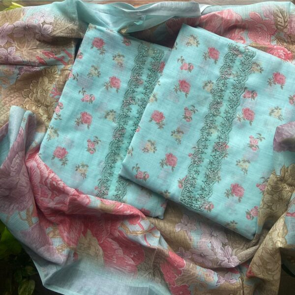 Are you looking out for Beautiful Floral Suits to add to your wardrobe ? These Floral Linen Cotton Suits are the perfect choice!Linen cotton top with floral prints & French lace detailing , santoon bottom & linen cotton Duppatta with floral prints & silver Zari borders