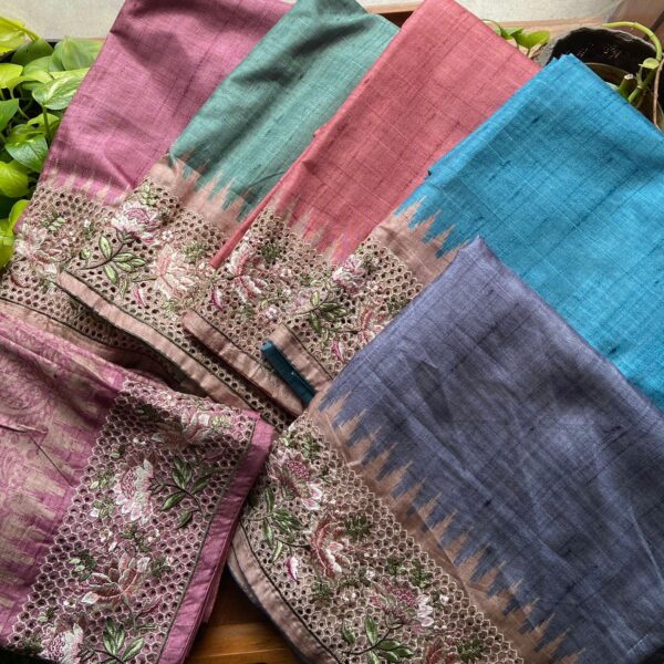 Are you looking out for a Beautiful Cutwork Suits to add to your wardrobe ? These suits with gorgeous Cutwork & floral embroidery are the perfect choice! Khapa tussar silk top & Duppatta with intricate floral embroidery & Cutwork & Khapa tussar silk bottom