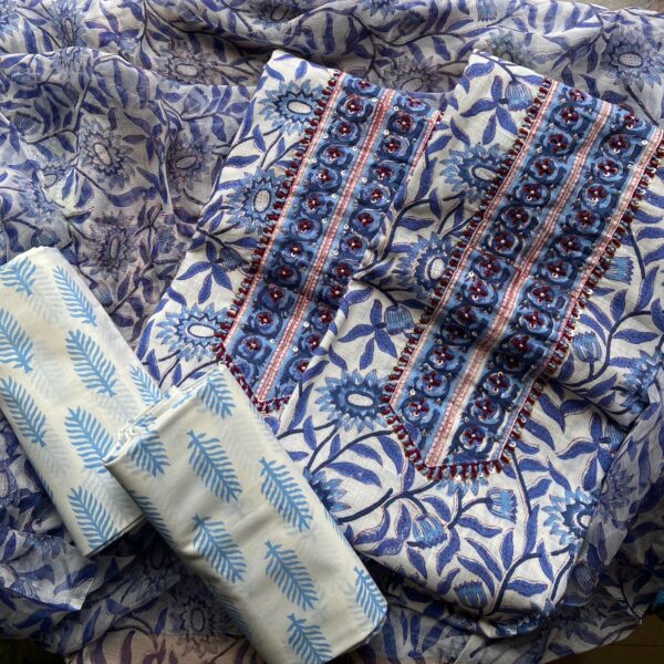Are you looking out for Beautiful & Unique Designer Cottons to add to your wardrobe ? These Hand block printed Indigo Kutch worked cottons are the perfect choice! Pure cotton top with authentic Kutch work (does not need lining ) cotton printed bottom & hand block printed chiffon duppattas