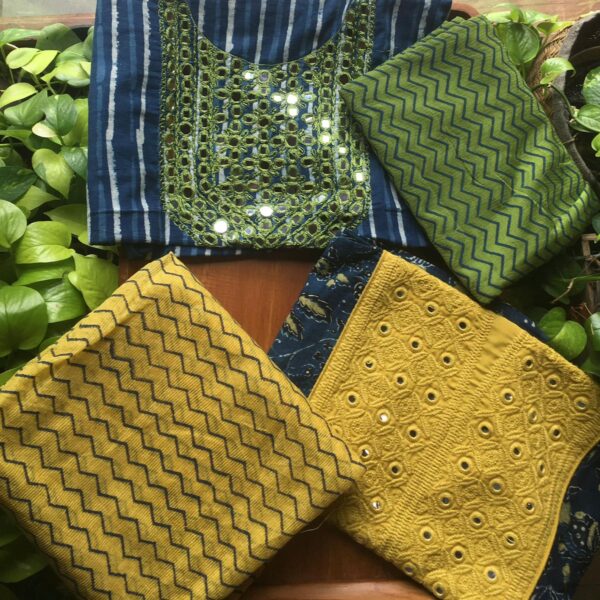 Stunning Indigo collection in pure cotton top with intricate embroidered yoke , cotton bottom & chiffon /kota Doria Duppatta