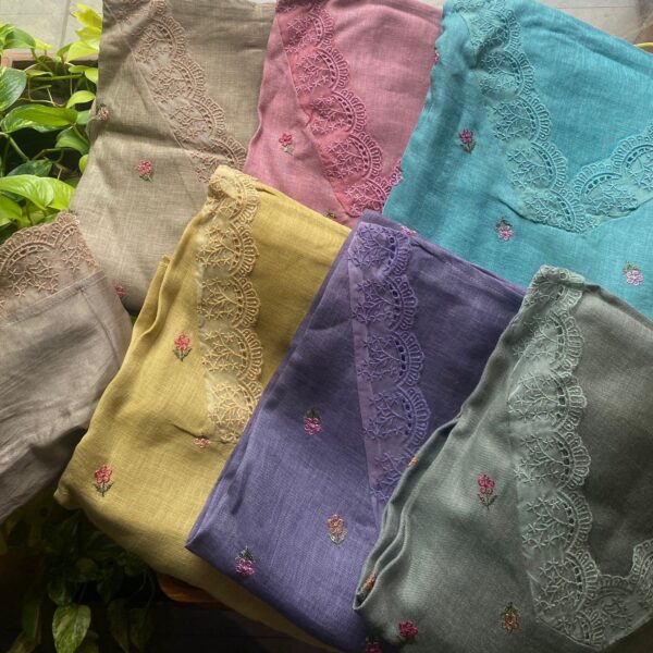 Are you looking out for Beautiful Linen cotton Suits to add to your wardrobe ? These suits with floral embroidery & French lace detailing are the perfect choice! Pure Linen Cotton top with floral embroidery & french lace detailing top, cotton silk bottom & Muslin Duppatta with French lace detailing