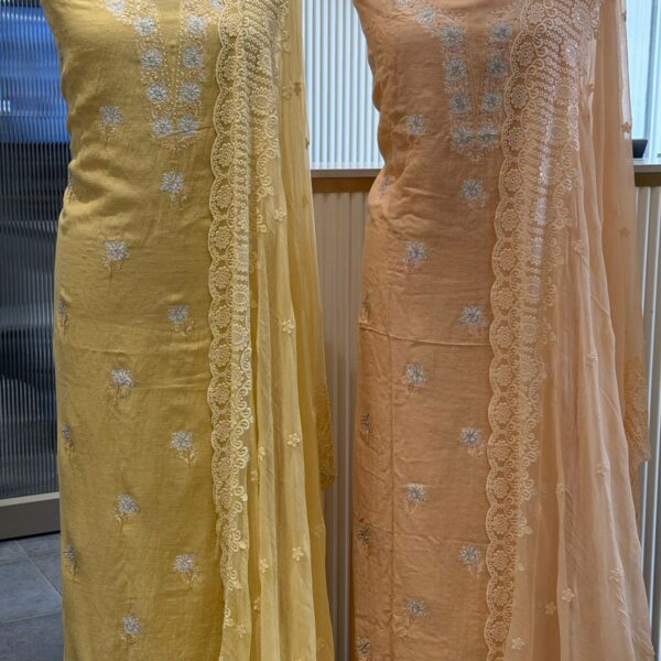 Are you looking out for Beautiful Silk Suits to add to your wardrobe ? These suits with floral & pearl embroidery are the perfect choice! Pure Chandheri silk top with floral & pearl embroidery, santoon bottom & chiffon duppatta with embroidery