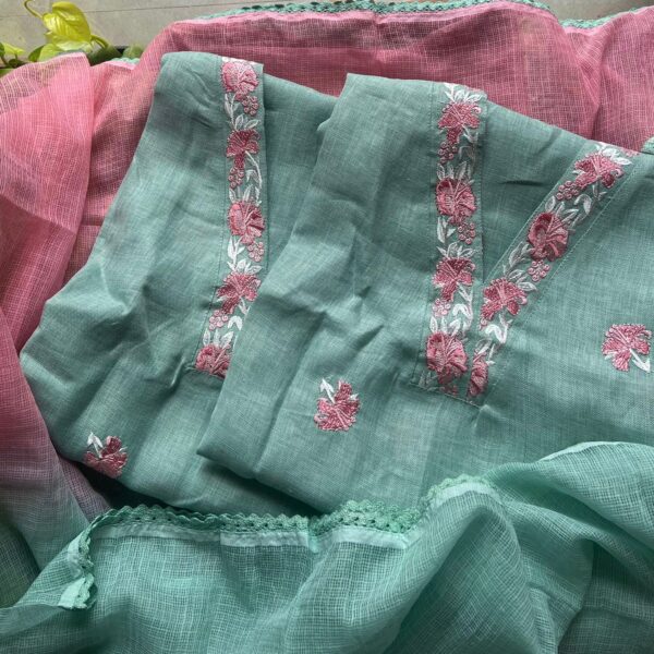 Are you looking out for Beautiful Designer Cotton Suits to add to your wardrobe ? These suits with beautiful floral embroidery is the perfect choice! Pure Cotton top with floral embroidery all along , cotton bottom & ombré dyed pure Kota duppatta