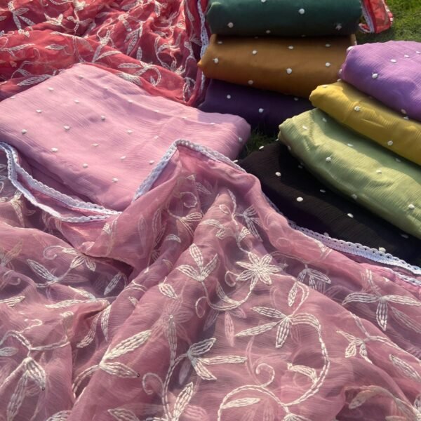 Are you looking out for Beautiful Chikankari suits at a special offer rate to add to your wardrobe ? These chiffon suits with beautiful polka embroidery & Chikankari embroidery is the perfect choice! Chiffon top with tiny polka embroidery , cotton silk bottom & chiffon Duppatta with complete Chikankari embroidery & crochet detailing for perfection