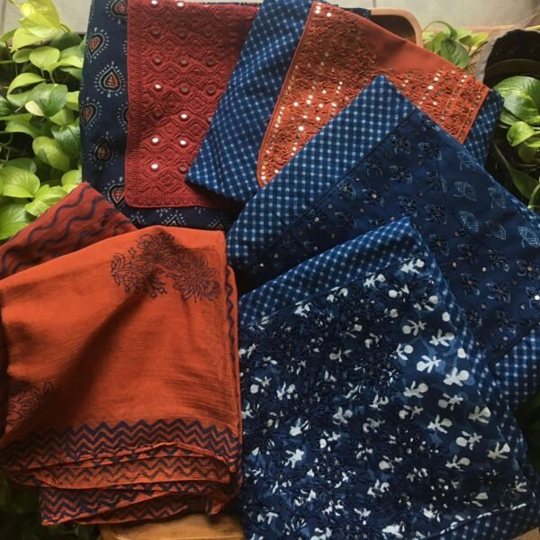 Are you looking out for Stunning Indigos to add to your wardrobe ? These beautiful indigos with hand embroidery is the perfect choice! Pure indigo cotton top with hand embroidery , cotton bottom & chiffon/kota silk Duppatta