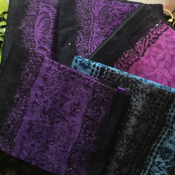 Are you looking out for Beautiful Mirror worked Kota silk suits to add to your wardrobe ? These suits with beautiful mirror work & ombré dyeing is the perfect choice! Pure kota silk top with ombré dyeing & mirror work , cotton printed bottom & chiffon Duppatta with mirror work & block prints