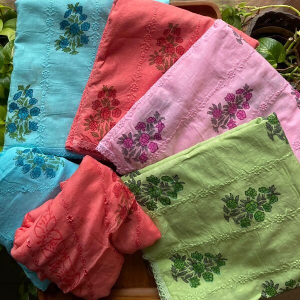 Are you looking out for Beautiful cotton suits to add to your wardrobe ? These suits with beautiful floral prints & Jamdhani weave is the perfect choice! Pure cotton top with pretty floral prints & Jamdhani weave , cotton bottom & chiffon duppatta with embroidery