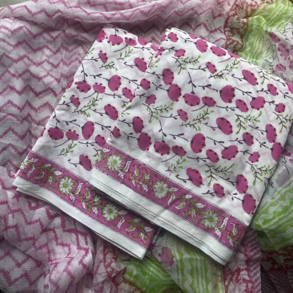 Are you looking out for Beautiful cotton suits to add to your wardrobe ? These suits with beautiful floral prints is the perfect choice! Pure cotton top with pretty floral prints , cotton bottom & chiffon duppatta