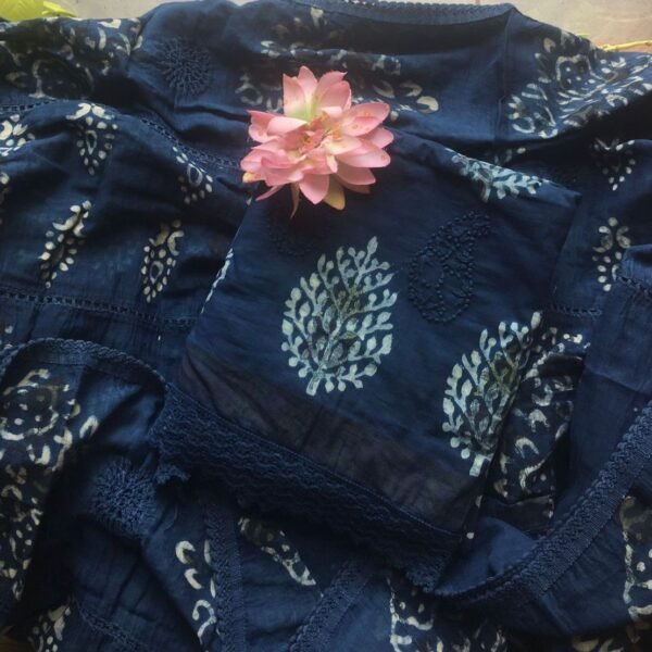 Are you looking out for Beautiful cotton suits to add to your wardrobe ? These stunning indigos suits with French only embroidery is the perfect choice! Pure cotton top with pretty prints & French knot embroidery all along, cotton bottom & chiffon Duppatta