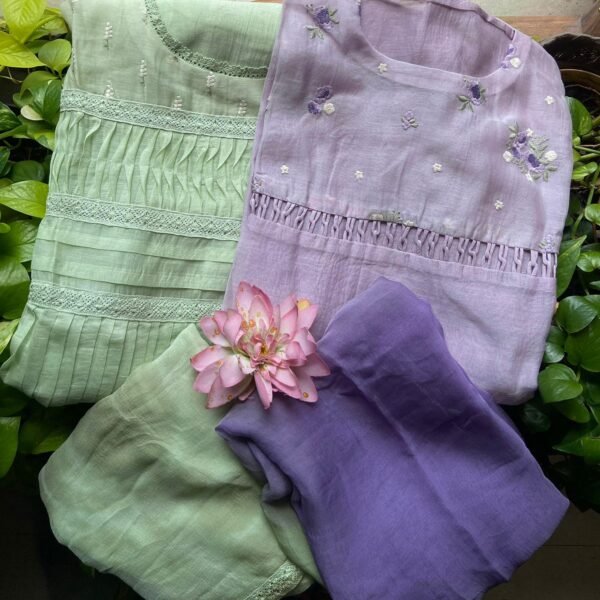 Are you looking out for Beautiful & Premium silk suits to add to your wardrobe ? These pretty suits with designer detailing is the perfect choice! Pure Mal Chandheri top with all designer detailing done Green -Crochet & smoking Lavender - Crochet & loops Santoon bottom & Chiffon duppatta with lace detailing sbd tye & dye