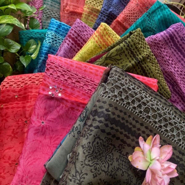 Are you looking out for Beautiful Mirror worked Kota silk suits to add to your wardrobe ? These suits with beautiful mirror work & ombré dyeing is the perfect choice! Pure kota silk top with ombré dyeing & mirror work , cotton printed bottom & chiffon Duppatta with mirror work & block prints