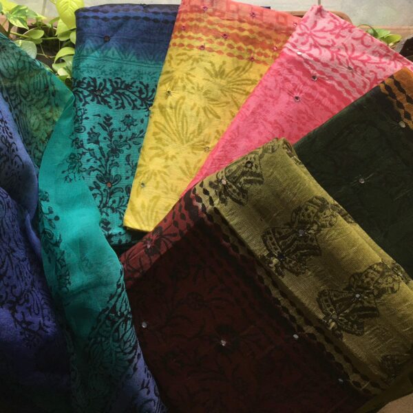 Pure kota silk top with ombré dyeing and mirror work , cotton printed bottom and chiffon Duppatta with mirror work and block prints