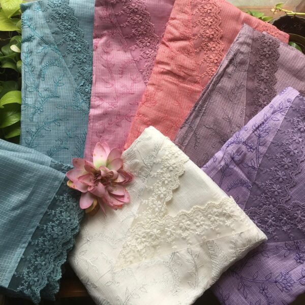 Are you looking out for Beautiful Kota Chikankari French Lace suits to add to your wardrobe ? These suits are the perfect choice ! Kota silk top with Chikankari reminiscent embroidery , cotton silk bottom and Kota silk Duppatta with French lace detailing