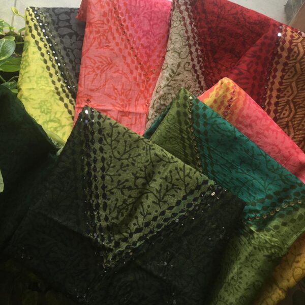 Are you looking out for Beautiful Mirror worked Kota silk suits to add to your wardrobe ? These suits with beautiful mirror work & ombré dyeing is the perfect choice! Pure kota silk top with ombré dyeing & mirror work , cotton printed bottom & chiffon Duppatta with mirror work & block prints