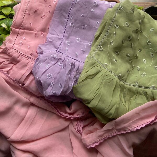 Are you looking out for Beautiful Designer Georgette suits to add to your wardrobe for this festive season ? These beautiful suits with all detailing done is the perfect choice! Pure viscose georgette top with beautiful embroidery detailing done & pure chiffon Duppatta with crochet lace detailing. No bottom can be customised additionally