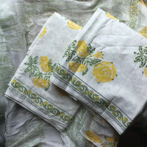 Are you looking out for a Beautiful Cotton Suits to add to your wardrobe ? These lovely cottons are the perfect choice! Pure cotton top with beautiful block prints & borders for styling , cotton bottom & chiffon Duppatta