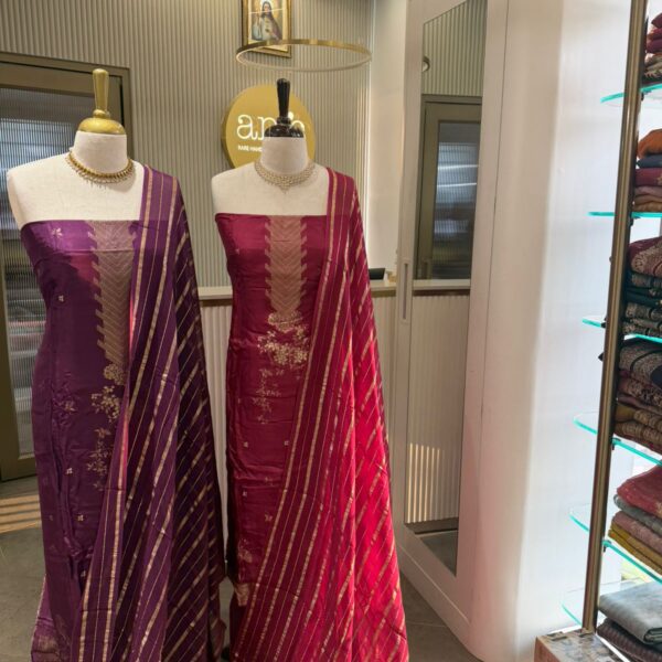 Are you looking out for Beautiful silk suits to add to your wardrobe ? These Benarasi suits are the perfect choice! Pure Uppada silk top with benarasi weave , santoon bottom & chiffon Duppatta with Benarasi stripes