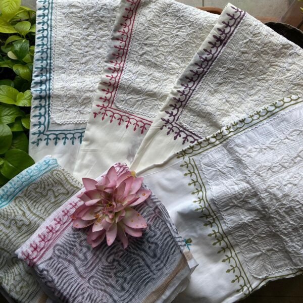 Are you looking out for Beautiful designer cotton suits to add to your wardrobe ? These suits with beautiful Offwhite suits with intricate Chikankari is the perfect choice! Pure cotton top with pretty Chikankari embroidery, cotton bottom & pure Kota Doria with floral prints & hand block prints