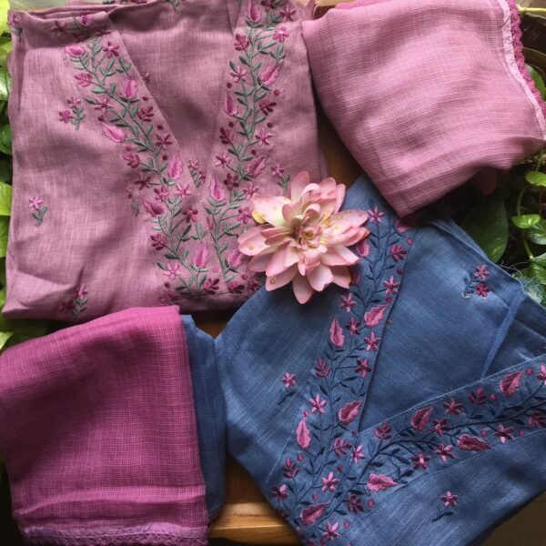 Are you looking out for unique and stunning cotton suits for this hot summer season ? These beautiful linen cotton suits is the perfect choice! Pure Linen Cotton top with beautiful floral embroidery all along too,cotton bottom & pure Kota Doria duppatta with ombré dyeing & crochet borders